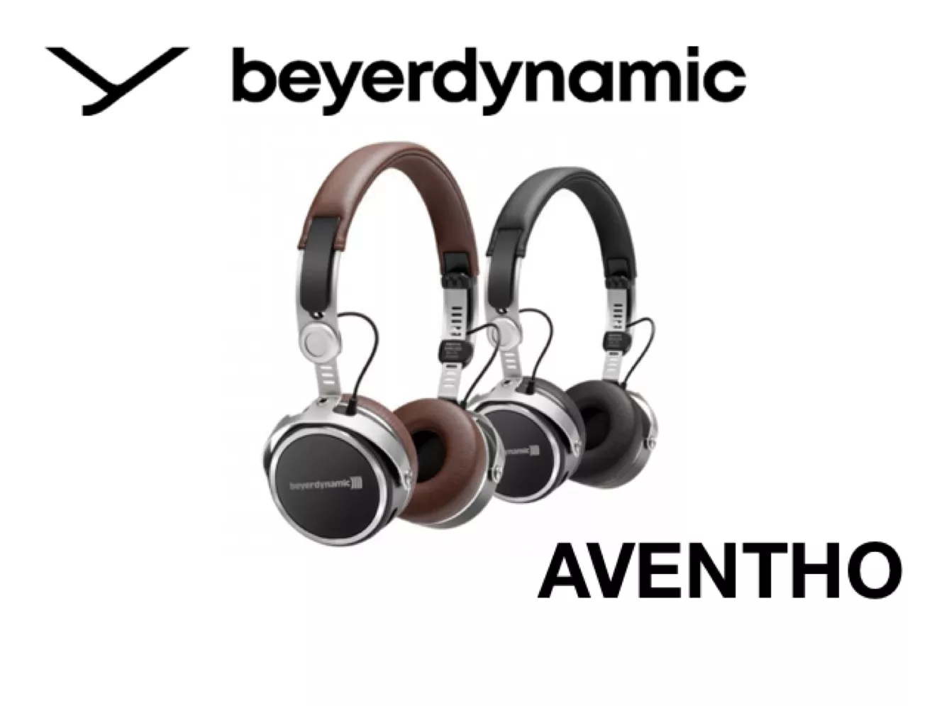 Die Logos von Aventho und  beyerdynamic mit zwei verschiedenen Ausführungen der Kopfhörer in braun und schwarz. 