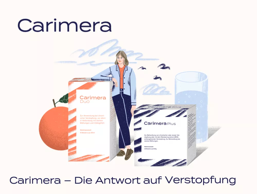 Die beiden Medizinprodukte Carimera Duo und Carimera Plus als Werbung dargestellt mit einer gezeichneten Orange, einer Person, Möven und einem Glas Wasser. 