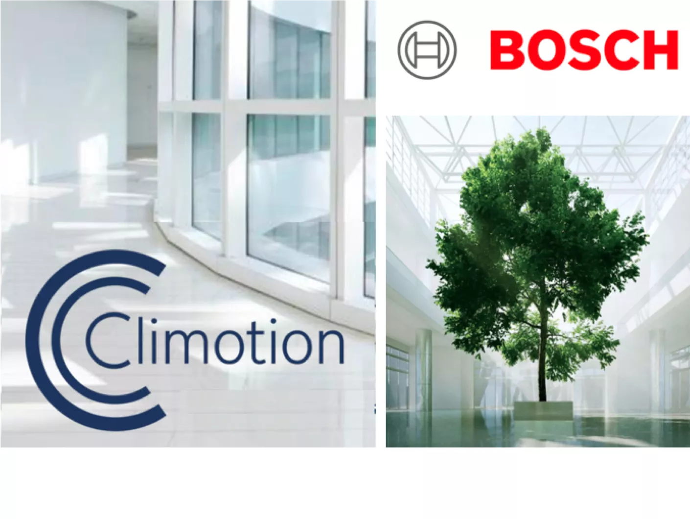 Das Climotion Logo zusammen mit dem Bosch Logo vor dem Hintergrundbild eines modernen Gebäudes mit viel Glas und einem großen Baum in der Mitte. 
