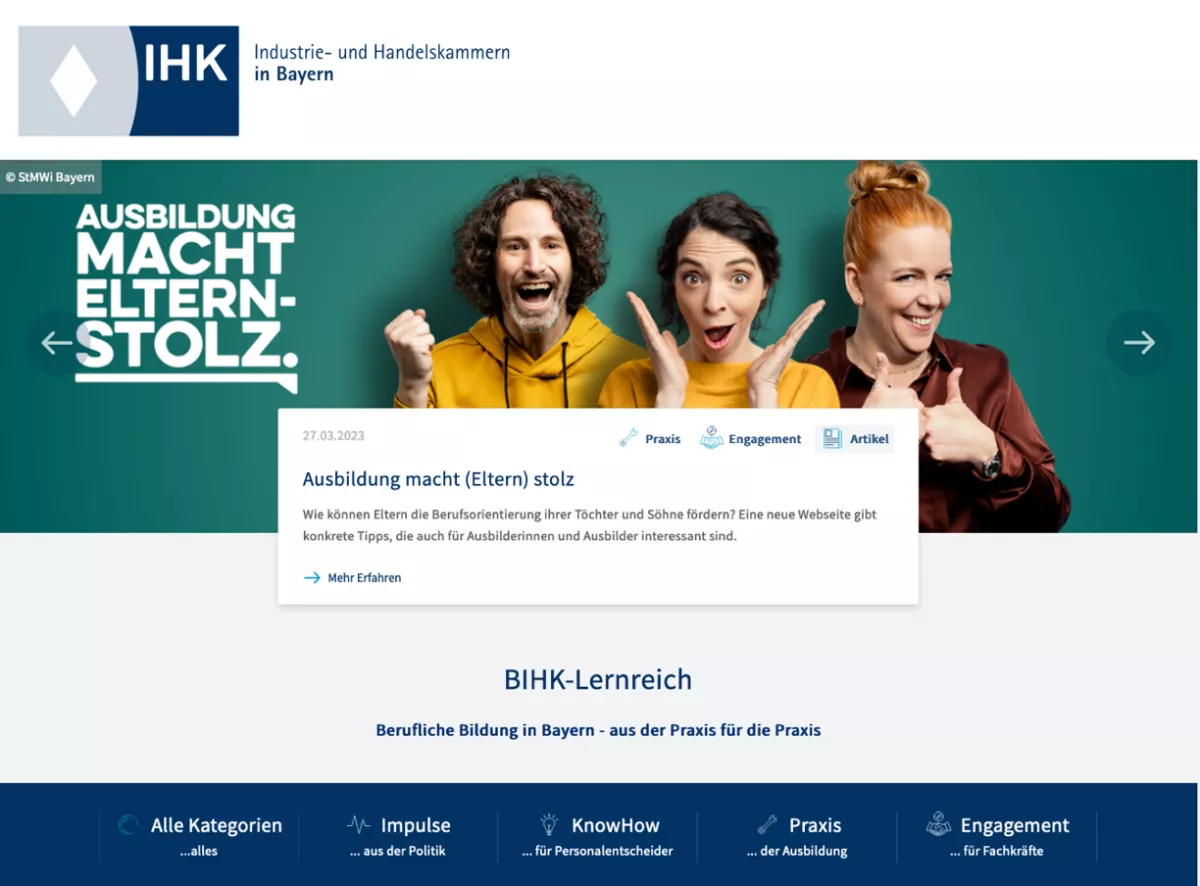 Ein Ausschnitt aus der Website der BIHK und seines Lernreichs. 