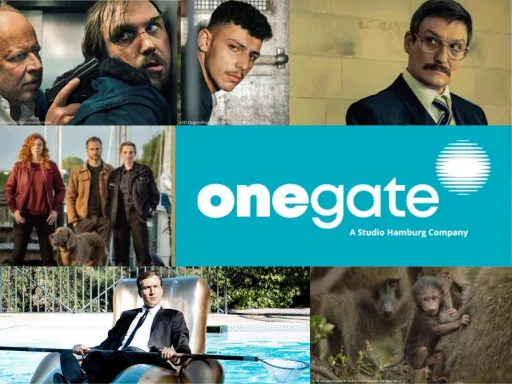 Eine Sammlung verschiedener Film- und Serienausschnitte und darüber das onegate Logo in weiß auf türkisem Grund. 