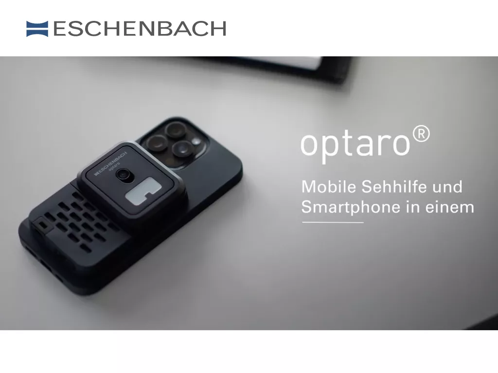 Die Optaro Handy Schutzhülle in schwarz mit integriertem Sehhilfe-Technik Aufsatz