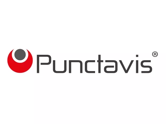 Das Punctavis Logo: ein roter, nach oben offener Kreis, darin ein kleiner grauer Kreis und rechts davon der Schriftzug Punctavis. 