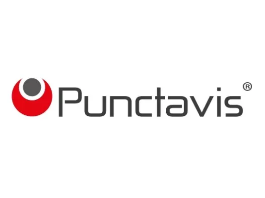 Das Punctavis Logo: ein roter, nach oben offener Kreis, darin ein kleiner grauer Kreis und rechts davon der Schriftzug Punctavis. 