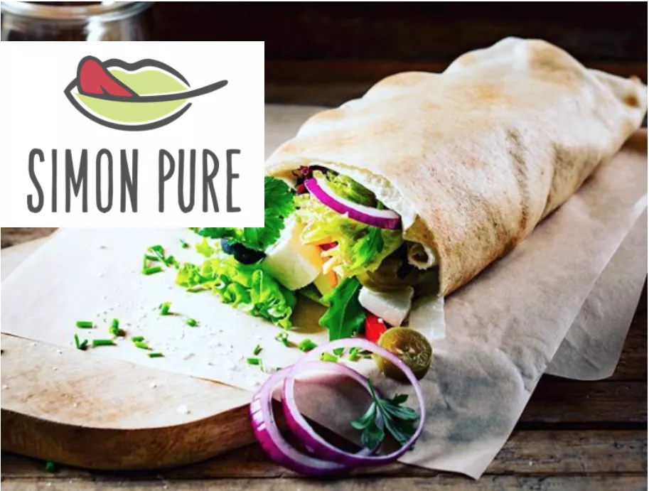 Ein gefüllter Wrap und darüber das Simon Pure Logo. 