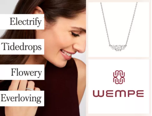 Ein Werbebild von Wempe bewirbt die vier neuen Linien: Electrify, Tidedrops, Flower und Everloving.