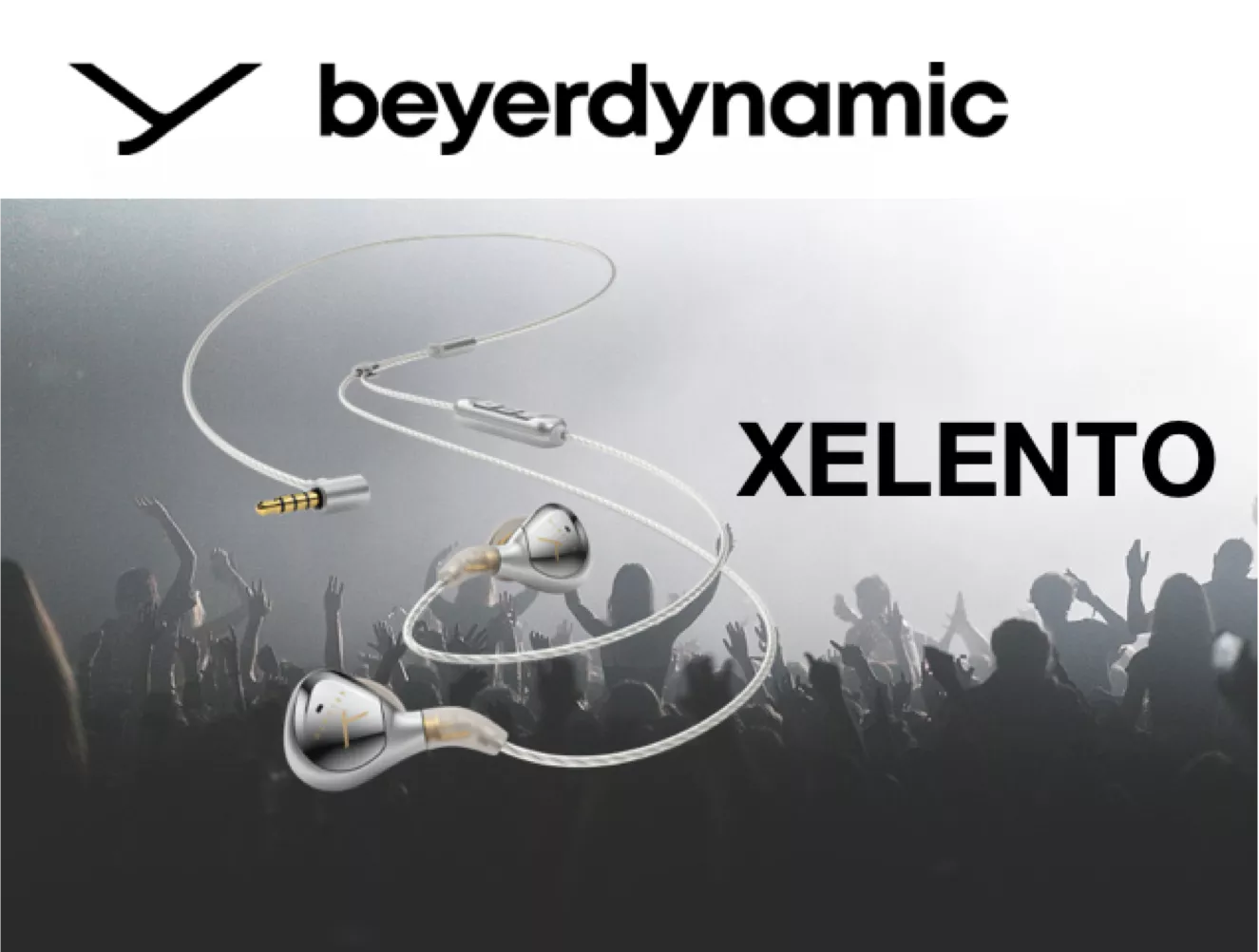 Menschen auf einem Konzert, darüber gelegt ein Xelento Kopfhörer und das Logo von beyerdynamic.