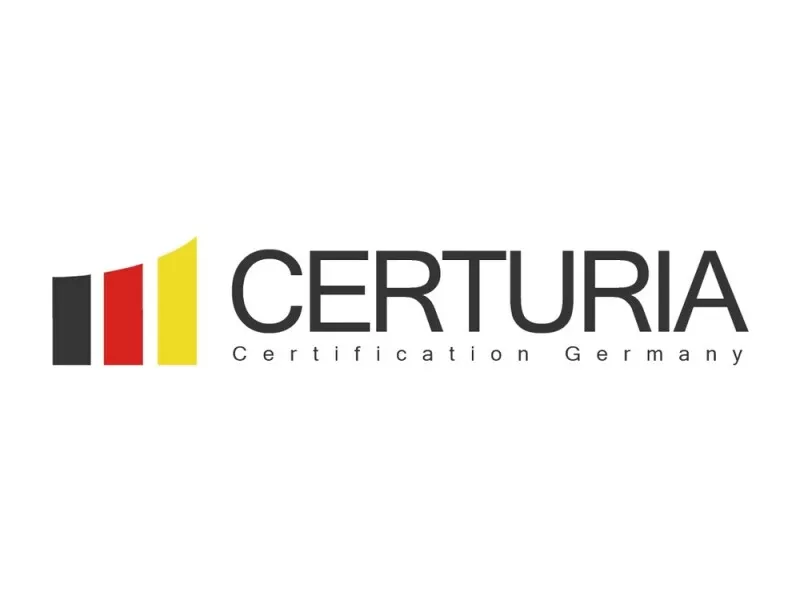 Das Certuria Logo: drei, in der Größe ansteigende Balken in schwarz, rot und gelb. Daneben in Großbuchstaben Certuria mit dem Untertitel 