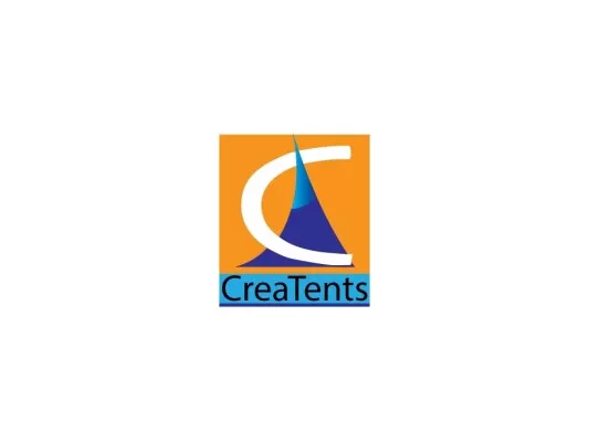 Das Logo der Messe CreaTents. Ein stilisiertes blaues Zelt mit der Unterschrift CreaTents.