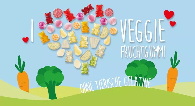 Ein Werbebild für Veggie Fruchtgummi, ohne tierische Gelantine. 