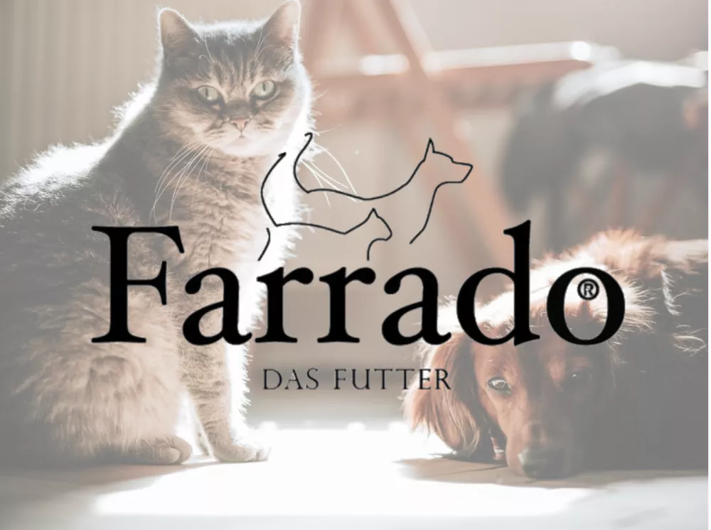Transparent zu sehen ist ein Foto von einer Katze und einem Hund. Darüber das Farrado Logo mit dem Untertitel 