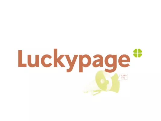 Luckypage Logo mit stilisiertem Kleeblatt. 